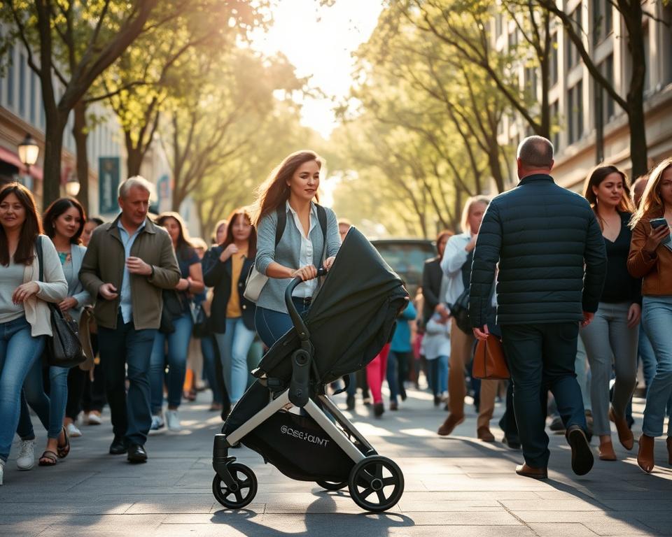 A busy city street, with a parent skillfully navigating a sleek, modern stroller through the crowd. The stroller glides effortlessly, its lightweight frame and compact design allowing for sharp turns and tight maneuvers. Sunlight filters through the trees, casting a warm glow on the scene. The parent's expression is one of focused confidence, as they seamlessly weave between pedestrians, showcasing the stroller's exceptional handling and responsiveness. In the background, the bustling urban landscape provides a dynamic, realistic context, highlighting the stroller's versatility in various environments.