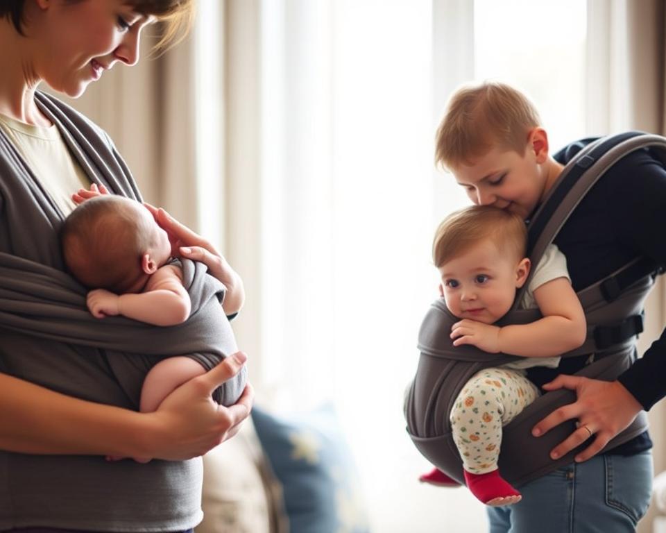 A cozy and intimate scene showcasing diverse baby carrying positions. In the foreground, a parent gently holds their newborn in a supportive cradle hold, with soft lighting accentuating the tender moment. In the middle ground, a toddler rests comfortably in a hip carry, the parent's hands providing stability. In the background, a young child sits securely in a ECOMMERCE baby carrier, their curious gaze exploring the world around them. The overall atmosphere is one of comfort, safety, and the bond between caregiver and child.