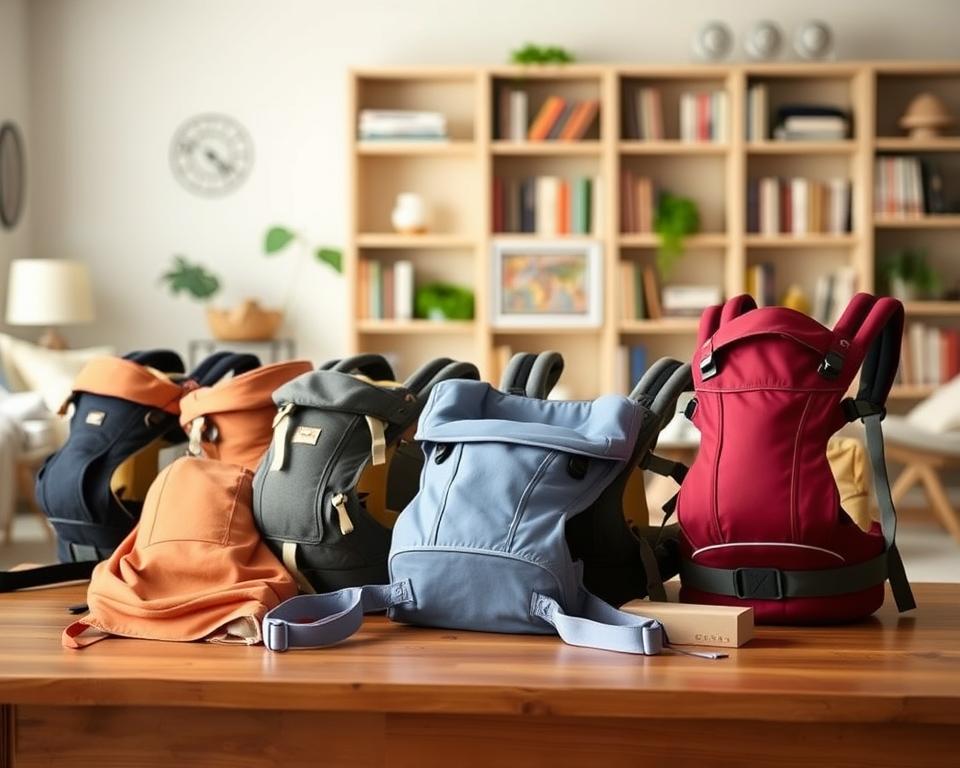 A cozy home interior with a well-lit wooden table in the foreground, displaying several diverse baby carriers in various colors and styles. The carriers are arranged neatly, showcasing their features and design elements. In the middle ground, a warm, natural lighting illuminates the scene, creating a welcoming and inviting atmosphere. The background features a soft, blurred bookshelf, hinting at the informative nature of the customer reviews. The overall composition conveys a sense of comfort, quality, and expertise, reflecting the article's focus on discovering the best baby carrier for parents.