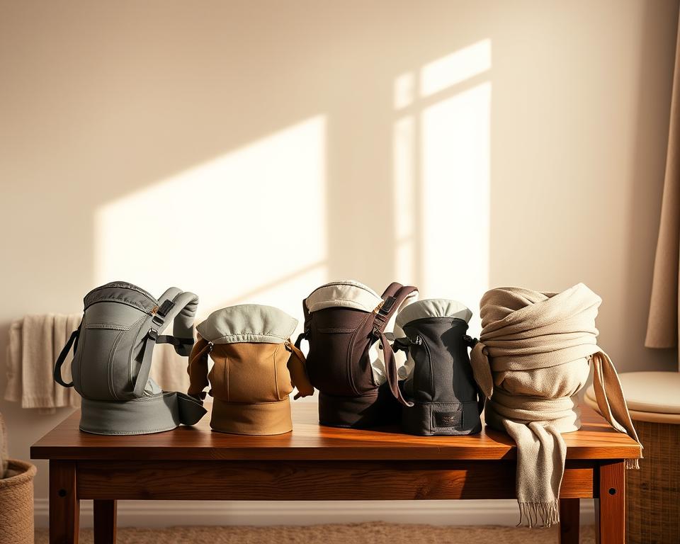 A cozy, well-lit nursery setting with a variety of high-quality baby carriers prominently displayed on a wooden table. The carriers showcase different styles, materials, and features, including soft-structured, wrap, and sling options in muted earth tones and natural fabrics. The lighting is warm and inviting, with gentle shadows casting a calm, serene atmosphere. The focus is on the carriers, with a clean, uncluttered background that allows the products to take center stage. The scene conveys a sense of thoughtful curation, guiding the viewer to carefully consider the options and make an informed decision on the best baby carrier for their needs.