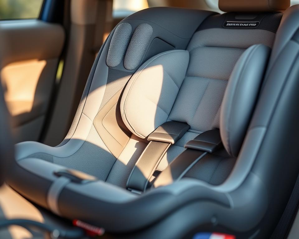 A detailed close-up shot of a modern, sleek baby car seat with a plush, cushioned interior in a soft gray color. The seat features a sturdy, ergonomic design with side impact protection panels, adjustable headrest and harness straps for a secure, comfortable fit. The seat is positioned in natural, warm lighting, casting gentle shadows that highlight the refined contours and premium materials. The background is blurred, placing the focus entirely on the key features of the car seat, showcasing its superior safety and comfort for the little one.
