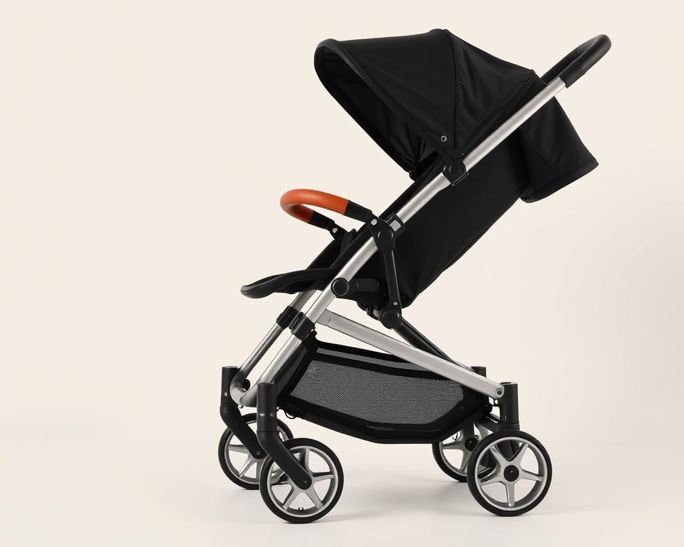 A durably constructed stroller stands firm, its sturdy frame and reinforced joints weathering the wear and tear of daily use. Crisp, high-resolution photography captures the stroller's sleek silhouette, highlighting the precision-engineered components that ensure a smooth, stable ride. Soft, even lighting accentuates the premium materials, their textured surfaces and gleaming accents conveying a sense of quality craftsmanship. The stroller is positioned in a clean, minimalist setting, allowing its robust design to take center stage and showcase its exceptional build quality.