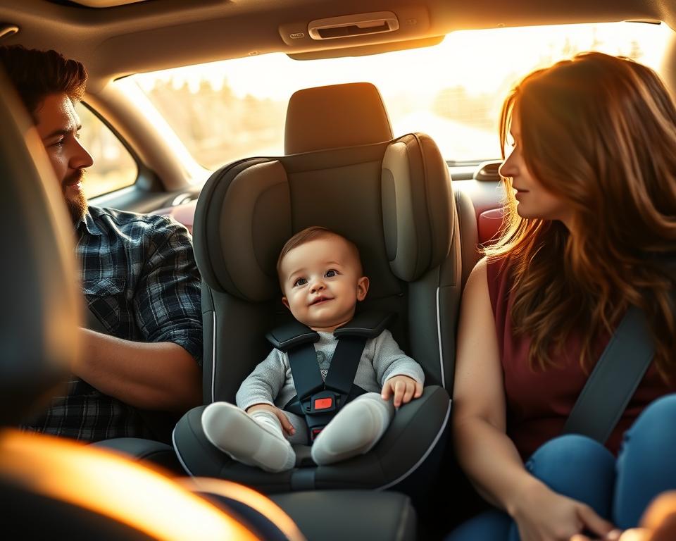 A family traveling in a car, the baby securely fastened in a sleek, modern car seat in the middle of the backseat. Warm sunlight filters through the windows, casting a cozy glow on the scene. The car's interior is plush and comfortable, with the baby surrounded by soft fabrics and padded surfaces. The car seat is expertly installed, providing maximum safety and stability. In the front, the parents are focused on the road ahead, their expressions serene and content. The overall atmosphere exudes a sense of tranquility and security, reflecting the comfort and care of traveling with a baby in a reliable car seat.