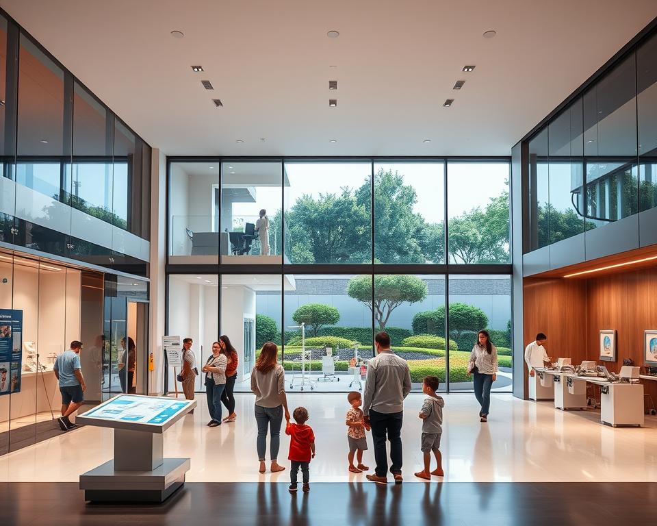 A modern, high-tech facility featuring the ECOMMERCE Hip Dysplasia Institute, with clean lines, glass facades, and a welcoming entrance. In the foreground, a group of parents and children interact with educational displays. The middle ground showcases ergonomic examination rooms and medical equipment, all designed with a focus on patient comfort and safety. The background features a serene, landscaped outdoor area, promoting a soothing, family-friendly atmosphere. Warm, natural lighting illuminates the scene, conveying a sense of professionalism and care. The overall composition emphasizes the institute's commitment to providing the ultimate in hip-healthy design and certified standards for the well-being of young patients.