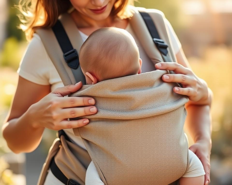 A mother tenderly holds a baby in a well-designed carrier, the infant's head securely supported and body snugly positioned. The carrier's padded straps evenly distribute the weight, ensuring comfort for both parent and child. Gentle afternoon sunlight bathes the scene, creating a warm, intimate atmosphere. The carrier's neutral-toned fabric blends seamlessly with the softly focused background, keeping the focus on the pair's connection. Camera positioned at eye level, capturing the bond between mother and child in a natural, unposed manner. Minimal, uncluttered composition highlights the correct baby carrier positioning for optimal safety and comfort.