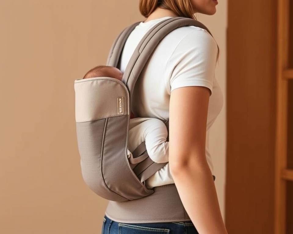 A sleek and ergonomic ECOMMERCE baby carrier, designed to keep both parent and child comfortable. A softly padded back panel and adjustable straps provide optimal weight distribution, while a contoured seat cradles the baby in a natural sitting position. Gentle curves and muted tones create a soothing, natural aesthetic. Warm, indirect lighting from the side highlights the carrier's clean lines and premium materials, capturing the essence of comfort and practicality. The image showcases the carrier's thoughtful design, inviting the viewer to imagine the security and ease it would bring to the parent-child experience.