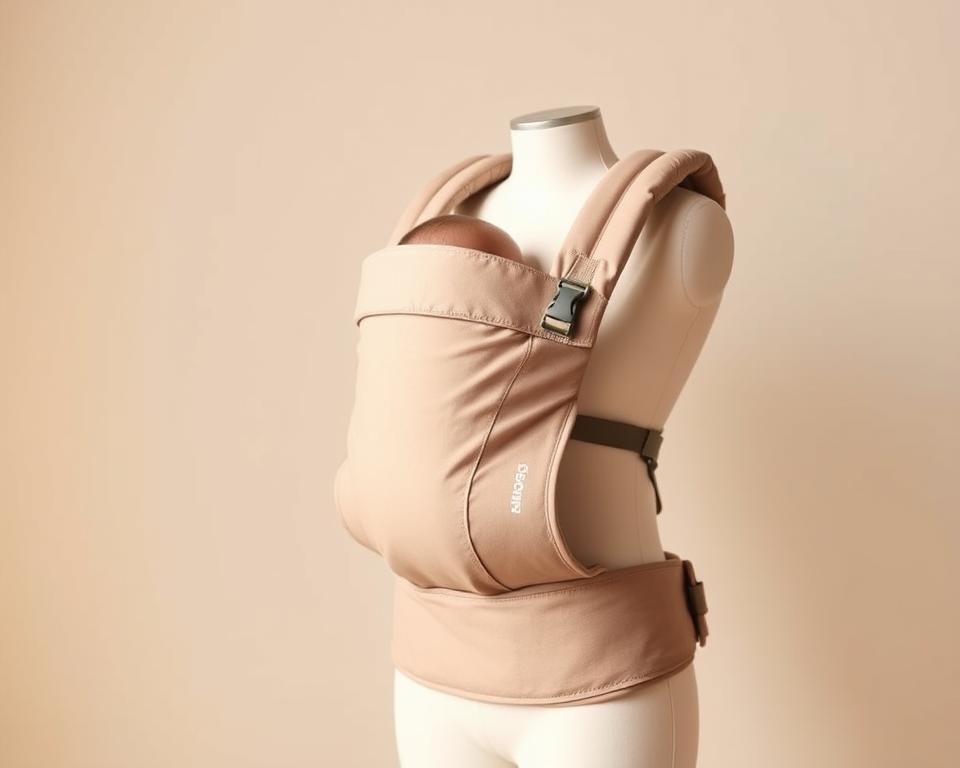 A sleek, modern Ergo Baby Carrier in a neutral color, photographed against a clean, minimalist backdrop. The carrier features a comfortable padded shoulder strap, a supportive waistband, and a structured main body designed to distribute an infant's weight evenly. Soft, breathable fabric and a tailored fit create a premium, high-quality aesthetic. The image is captured in natural, warm lighting, with a shallow depth of field that gently blurs the background, emphasizing the product's design and craftsmanship. The overall mood is one of practicality, quality, and style - reflecting the carrier's reputation as a top choice for new parents seeking a versatile, comfortable, and visually appealing baby transport solution.
