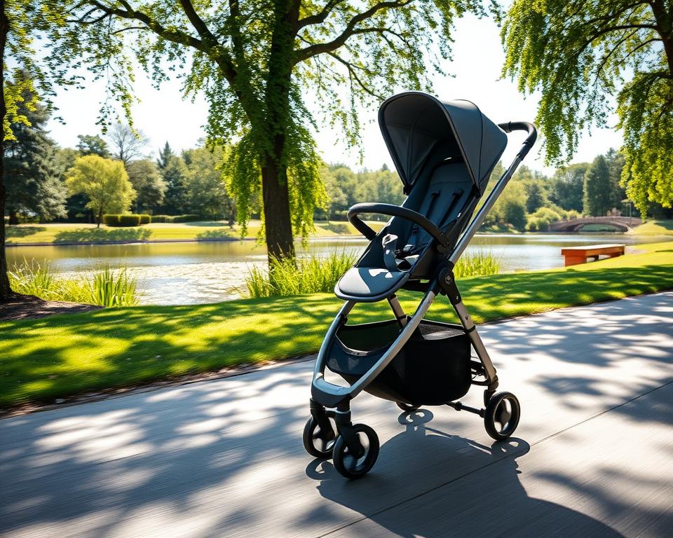A stroller gently gliding through a sunlit park, its sleek frame and premium materials exuding a sense of quality and value. In the foreground, the stroller's smooth-rolling wheels and ergonomic handlebar are captured in crisp detail, while the middle ground showcases the stroller's thoughtful design features, such as an adjustable canopy and generous storage compartments. The background reveals a serene landscape of lush greenery and a tranquil pond, creating a calming and inviting atmosphere that resonates with the stroller's elevated yet accessible price point.
