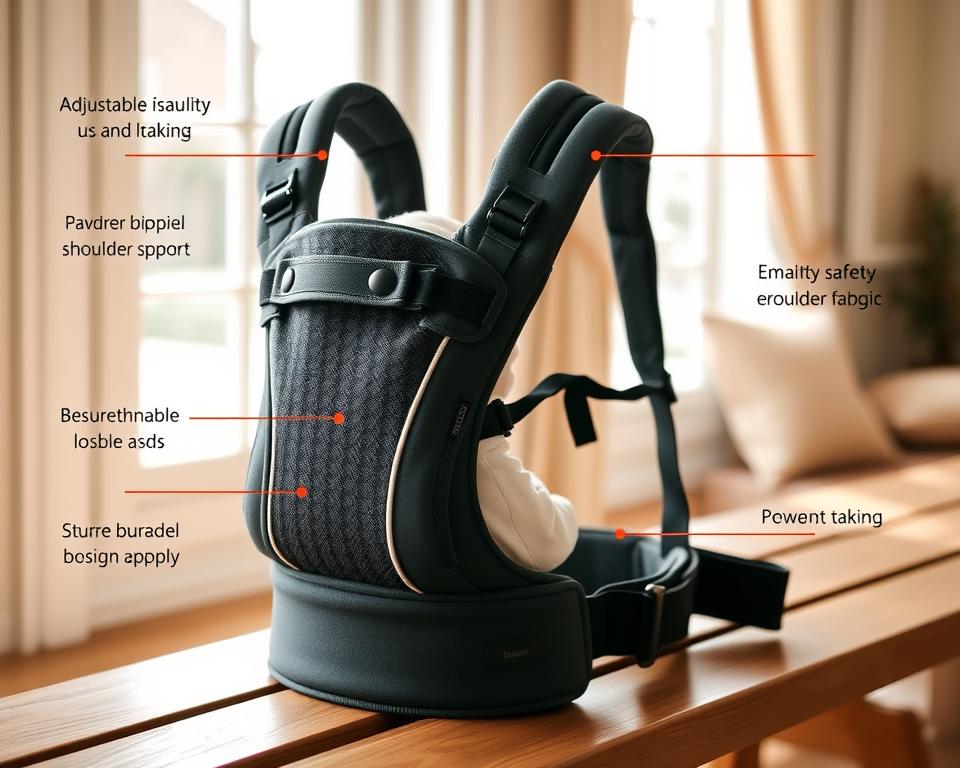 A well-designed baby carrier with adjustable straps, padded shoulder supports, and a sturdy frame. The carrier is positioned on a wooden bench, illuminated by soft, natural light filtering through a window. The background showcases a cozy, homey interior with warm neutral tones, hinting at a comfortable and secure environment. The carrier's safety features, such as secure buckles, breathable fabric, and ergonomic design, are prominently displayed, inviting the viewer to appreciate the thoughtful attention to detail that ensures the baby's comfort and protection.