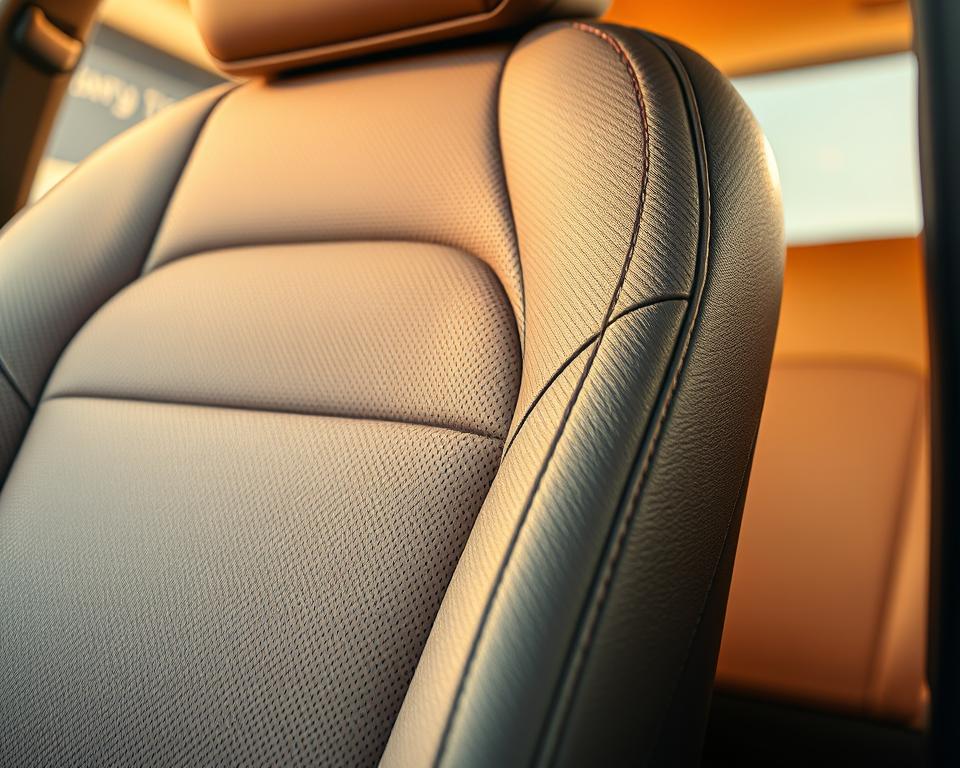 A well-lit, close-up view of a breathable, soft-textured car seat made from premium, high-quality fabrics. The seat is positioned at a slight angle, allowing for a detailed examination of the luxurious upholstery and intricate stitching patterns. The fabric has a subtle sheen, suggesting a blend of natural and synthetic fibers that provide exceptional comfort and support. The lighting is warm and diffused, creating a cozy, inviting atmosphere that evokes a sense of relaxation and indulgence. The background is blurred, keeping the focus on the exquisite craftsmanship and attention to detail of the car seat.