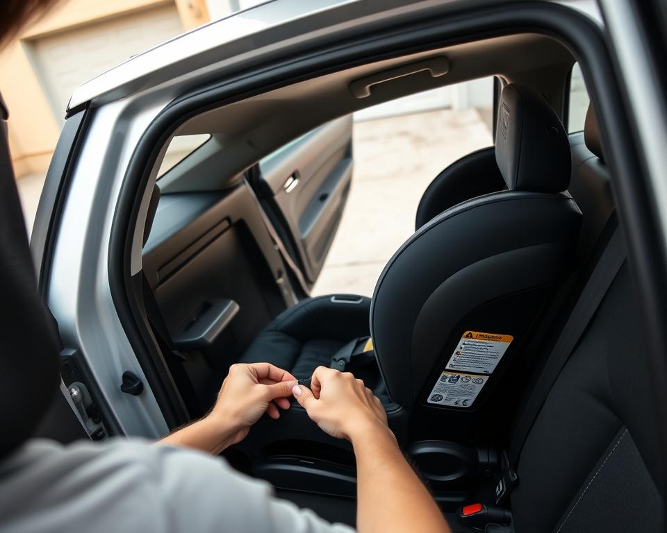 A well-lit, high-angle shot of a person carefully installing a modern, ergonomic baby car seat into the back seat of a mid-size sedan. The foreground shows the person's hands meticulously threading the seatbelt through the seat's attachment points, with a focused expression on their face. The middle ground reveals the interior of the car, with the car seat positioned securely and the door ajar, inviting the viewer into the scene. The background depicts a clean, uncluttered garage or driveway setting, conveying a sense of safety and attention to detail. The overall atmosphere is one of calm, deliberate care and attention, reflecting the importance of properly securing a child's car seat.