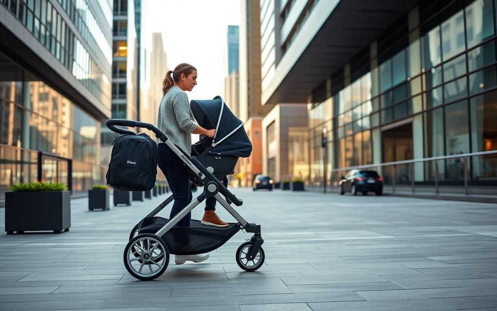 Generate an image of the Baby Jogger City Select2 stroller in a modern urban setting.