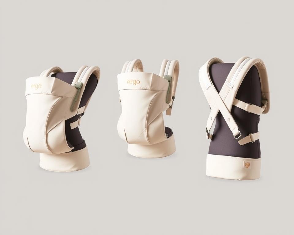 A sleek and modern Ergo Baby Carrier in a crisp white color, showcased against a soft gray background. The carrier is displayed from multiple angles, highlighting its versatile design and different carrying positions - facing in, facing out, and on the back. Carefully crafted with plush padding and ergonomic support, the carrier is illuminated by warm, natural lighting, conveying a sense of comfort and practicality. The image captures the carrier's thoughtful features, such as adjustable straps, padded shoulder supports, and a supportive waistband, making it an ideal choice for parents seeking a high-quality, versatile babywearing solution.