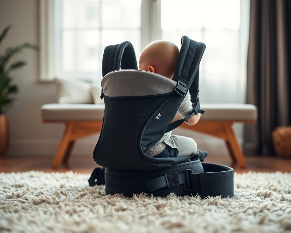 A well-worn, ergonomic Ergo Baby Carrier nestled in a cozy, well-lit home setting. Soft, diffused lighting illuminates the soft, breathable mesh material and padded shoulder straps, inviting the viewer to imagine the comfort and support it provides. In the foreground, the carrier is positioned on a plush, neutral-toned rug, creating a serene, inviting atmosphere. The middle ground features a minimalist wooden bench or table, hinting at a tranquil, functional space. The background subtly blurs, allowing the focus to remain on the carrier and its potential to provide a secure, comfortable fit for a growing baby.